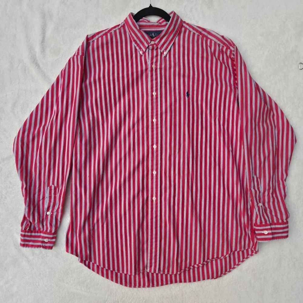 Ralph Lauren Mens Blake Button Down Shirt XL Red White Blue Striped Cotton